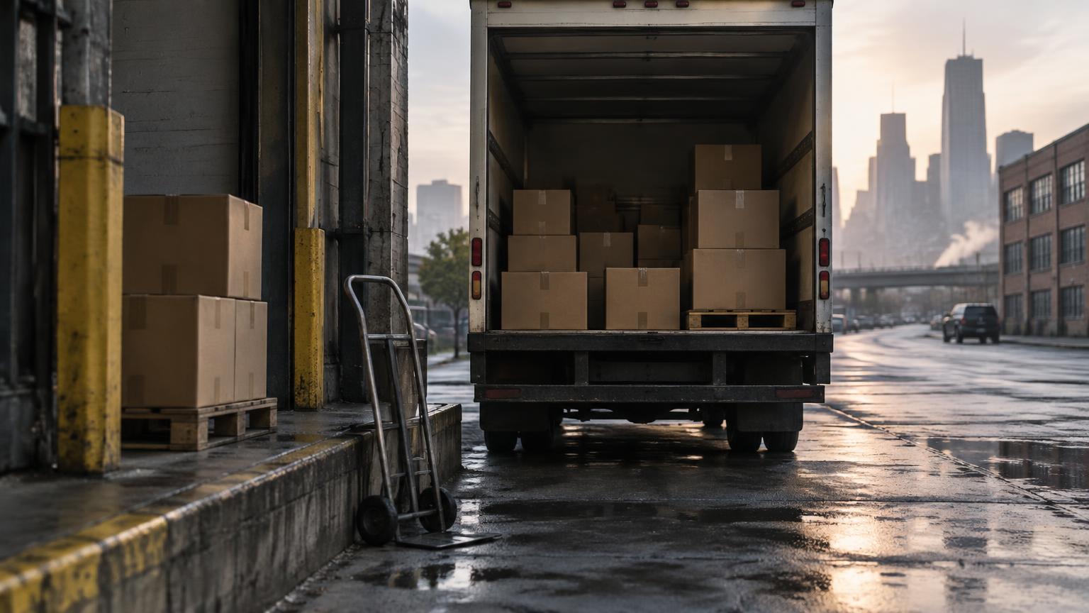 Camioneta de reparto estacionada con la puerta trasera abierta en un muelle de carga al amanecer, con un diablito y cajas de cartón