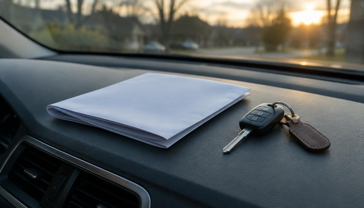 Documento de póliza de seguro de auto doblado sobre el tablero de un vehículo, junto a las llaves, con luz de tarde