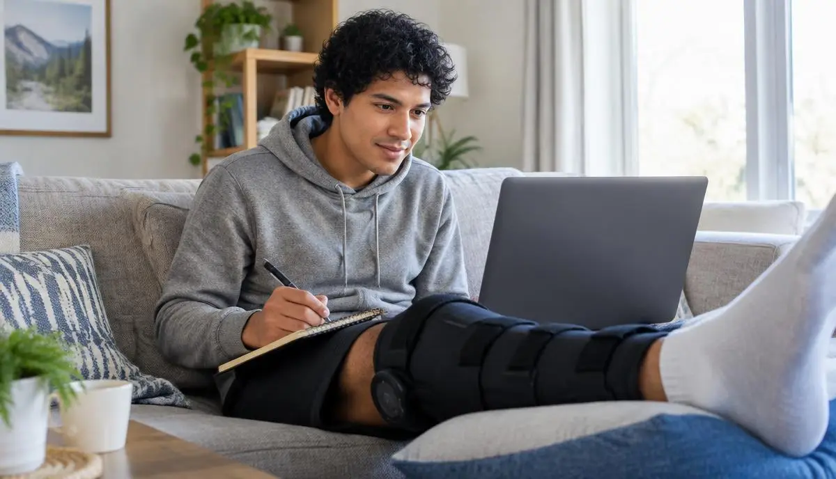 Joven latino con rodillera en el sofá de su casa anotando preguntas durante una videollamada en su laptop Joven latino con rodillera en el sofá de su casa anotando preguntas durante una videollamada en su laptop