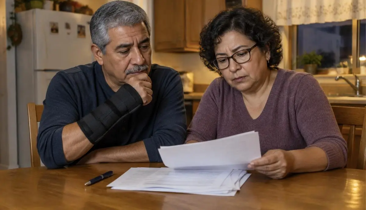 Pareja latina revisando juntos un contrato de varias hojas en la mesa de su cocina por la noche Pareja latina revisando juntos un contrato de varias hojas en la mesa de su cocina por la noche