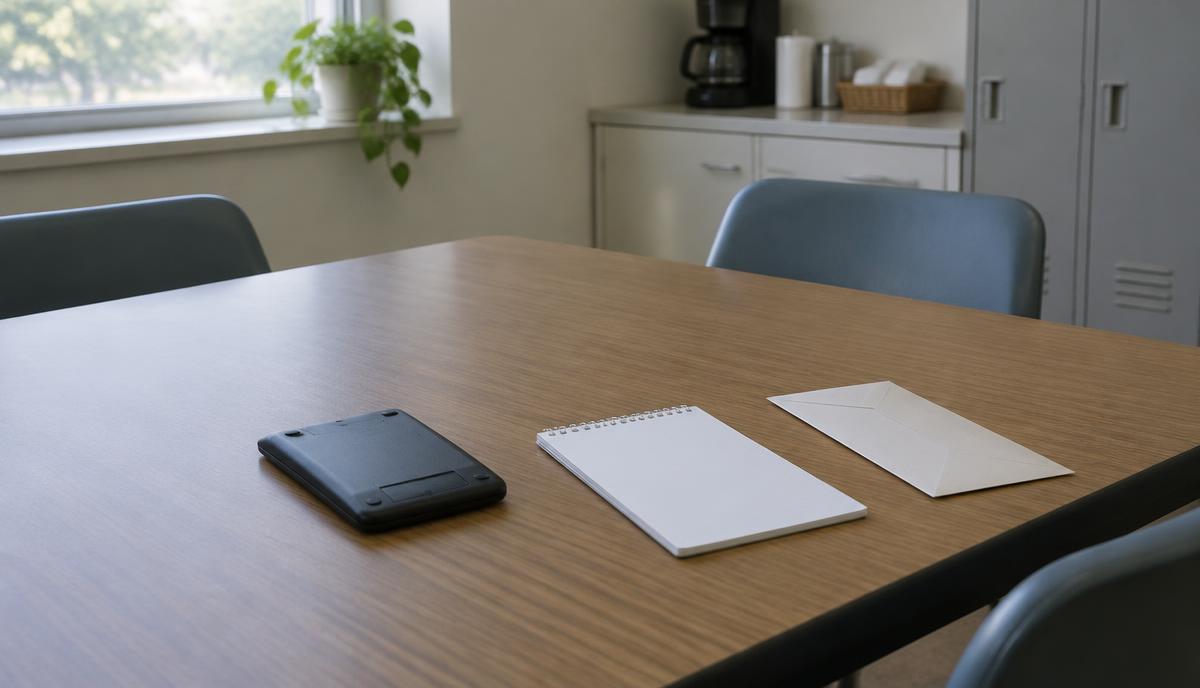 Mesa vacía de un cuarto de descanso en el trabajo con una calculadora boca abajo, una libreta en blanco y un sobre sencillo