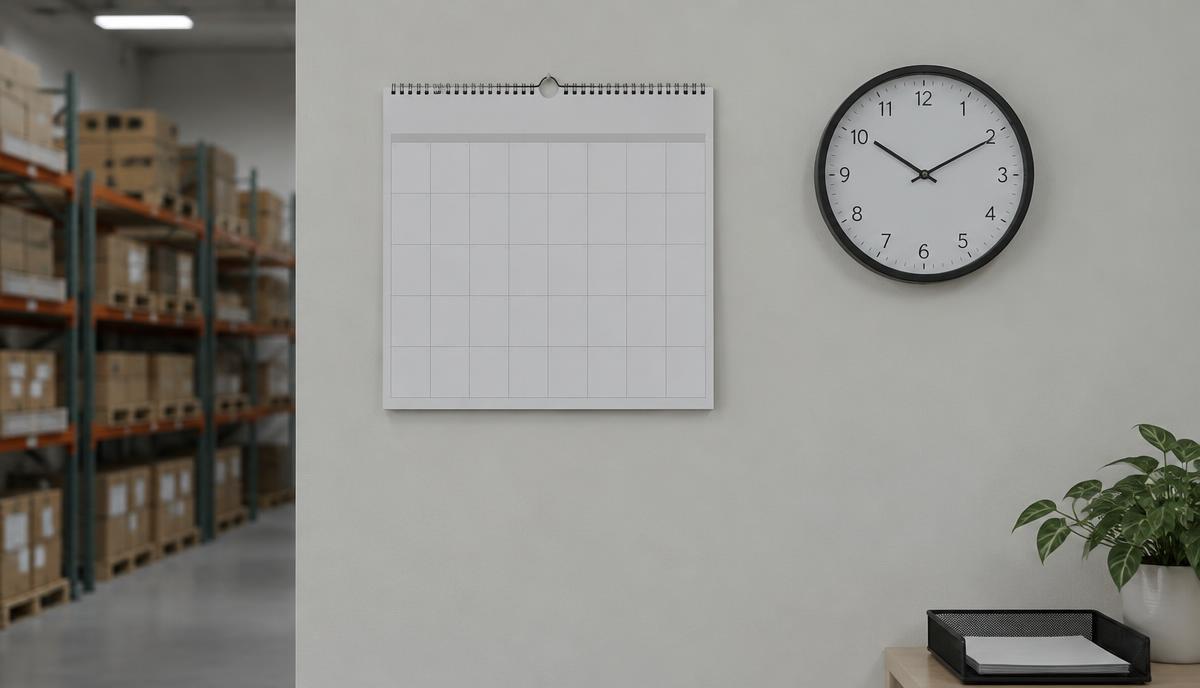 Calendario de pared en blanco junto a un reloj sencillo en una oficina tranquila, con estantes de almacén al fondo