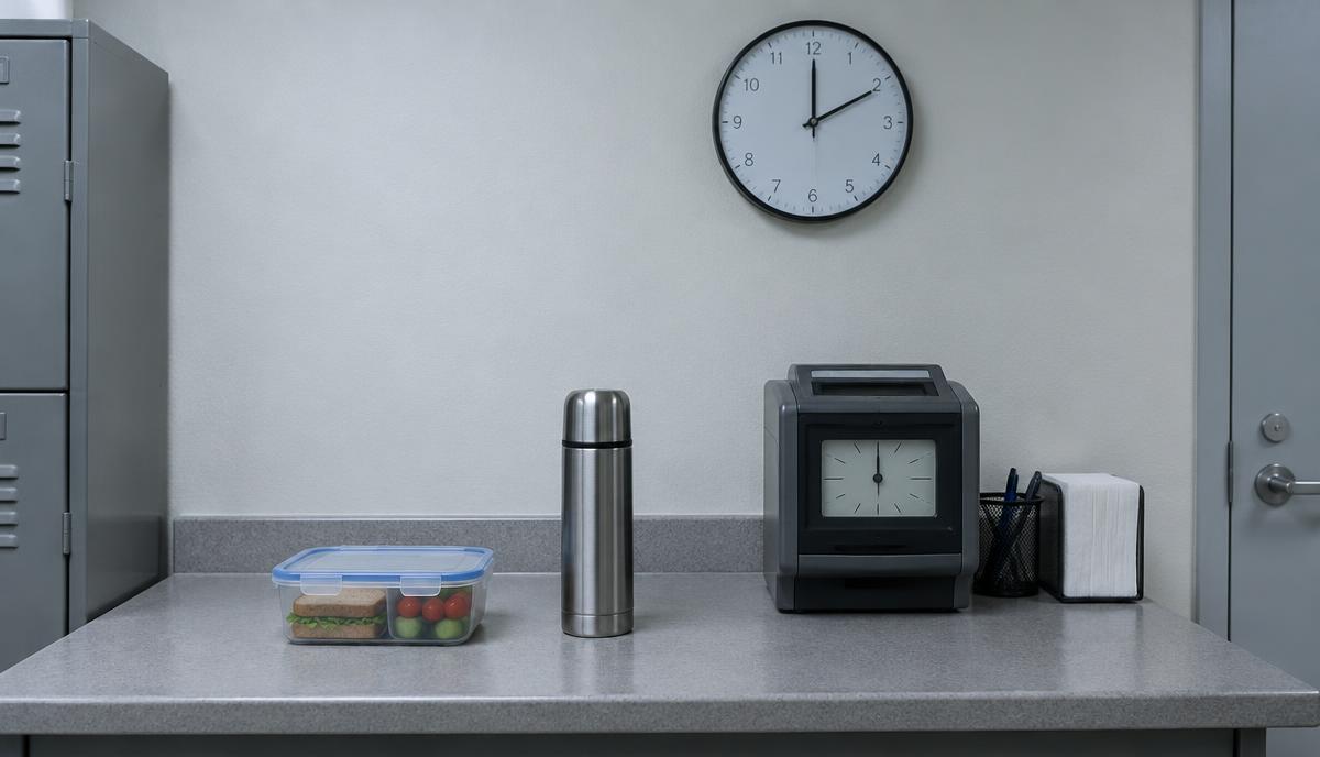 Mostrador de un cuarto de descanso con un recipiente de comida sin abrir y un termo junto a un reloj checador, y un reloj de pared arriba bajo luz fluorescente