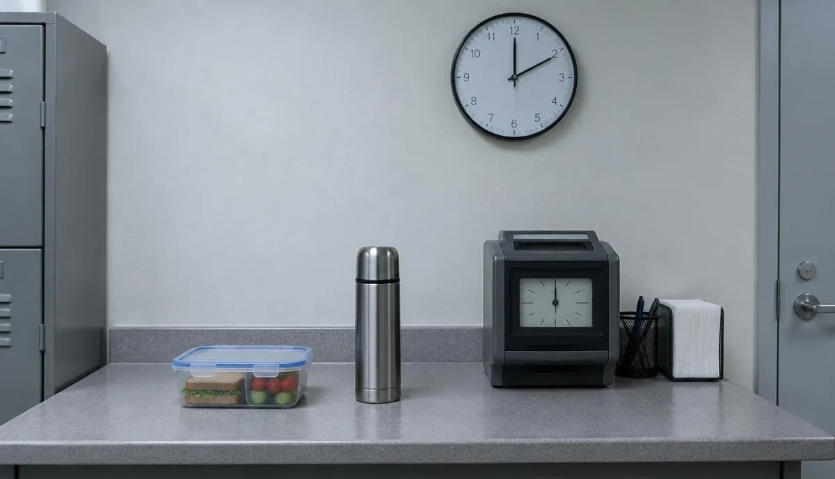 Mostrador de un cuarto de descanso con un recipiente de comida sin abrir y un termo junto a un reloj checador, y un reloj de pared arriba bajo luz fluorescente