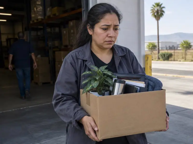 Trabajadora latina preocupada sale de un almacén cargando una caja con sus pertenencias