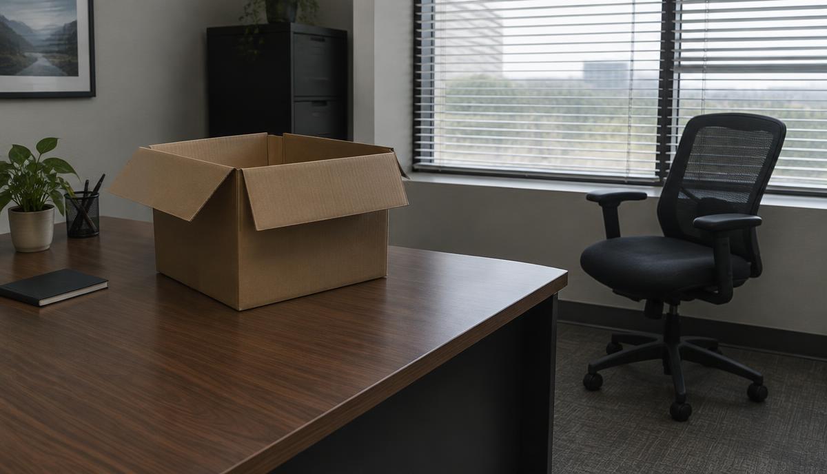 Escritorio de oficina desocupado con una caja de cartón vacía, una silla retirada y persianas entreabiertas