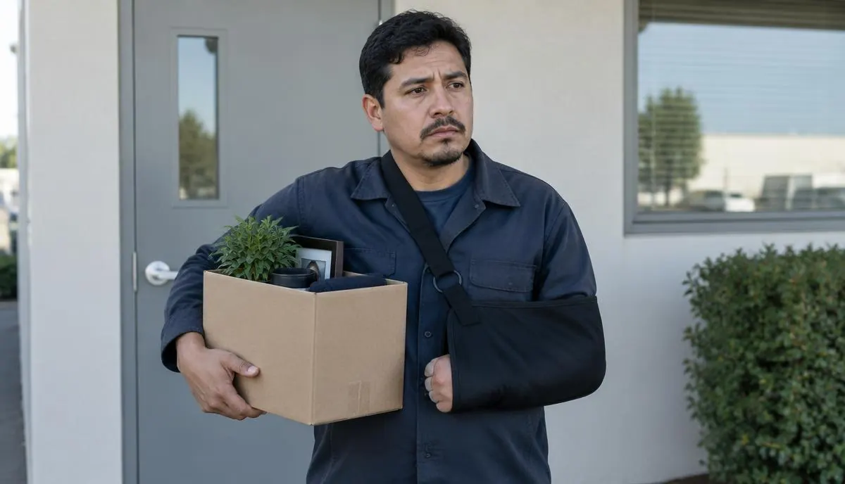 Trabajador latino con el brazo en cabestrillo llevando una caja de pertenencias fuera de una oficina Trabajador latino con el brazo en cabestrillo llevando una caja de pertenencias fuera de una oficina