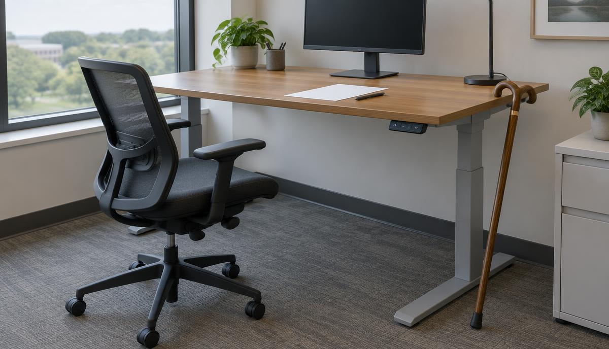 Estación de trabajo de oficina vacía con silla ergonómica, escritorio ajustable en alto, un bastón apoyado en la orilla y una hoja en blanco sobre la superficie