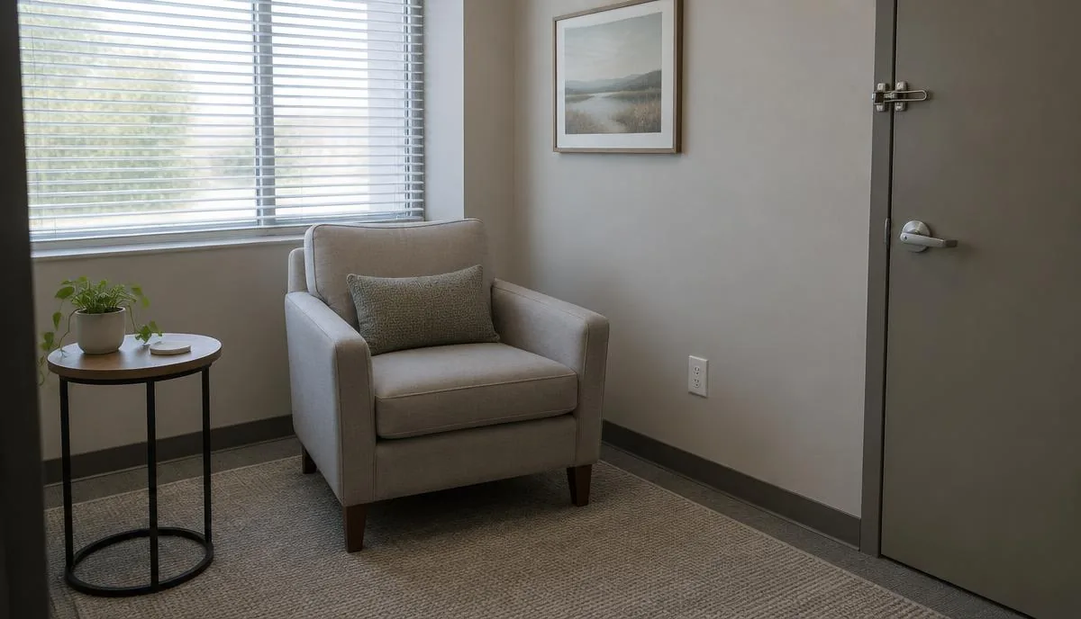 Cuarto privado y tranquilo en un lugar de trabajo, con silla, mesa pequeña y puerta con seguro