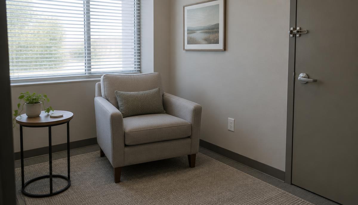 Cuarto privado y tranquilo en un lugar de trabajo, con silla, mesa pequeña y puerta con seguro