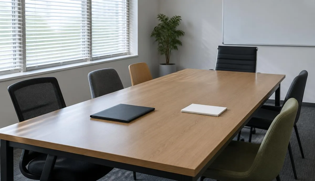 Sala de reuniones de oficina vacía con una mesa larga, varias sillas distintas alrededor, una carpeta cerrada y una libreta en blanco sobre la mesa