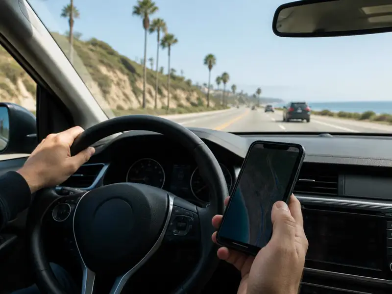 Conductor sostiene un teléfono celular mientras maneja por una carretera costera de California