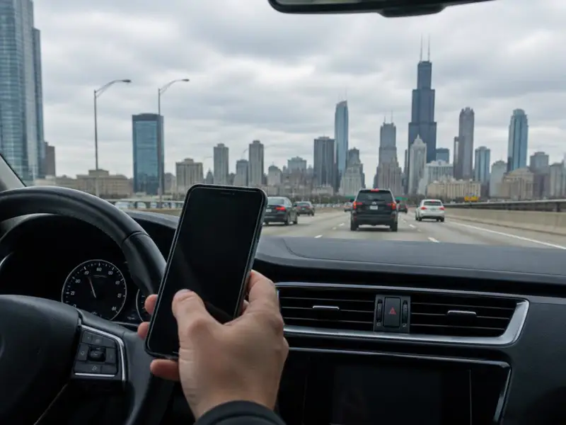 Conductor sostiene un teléfono celular mientras maneja por una autopista hacia el centro de Chicago