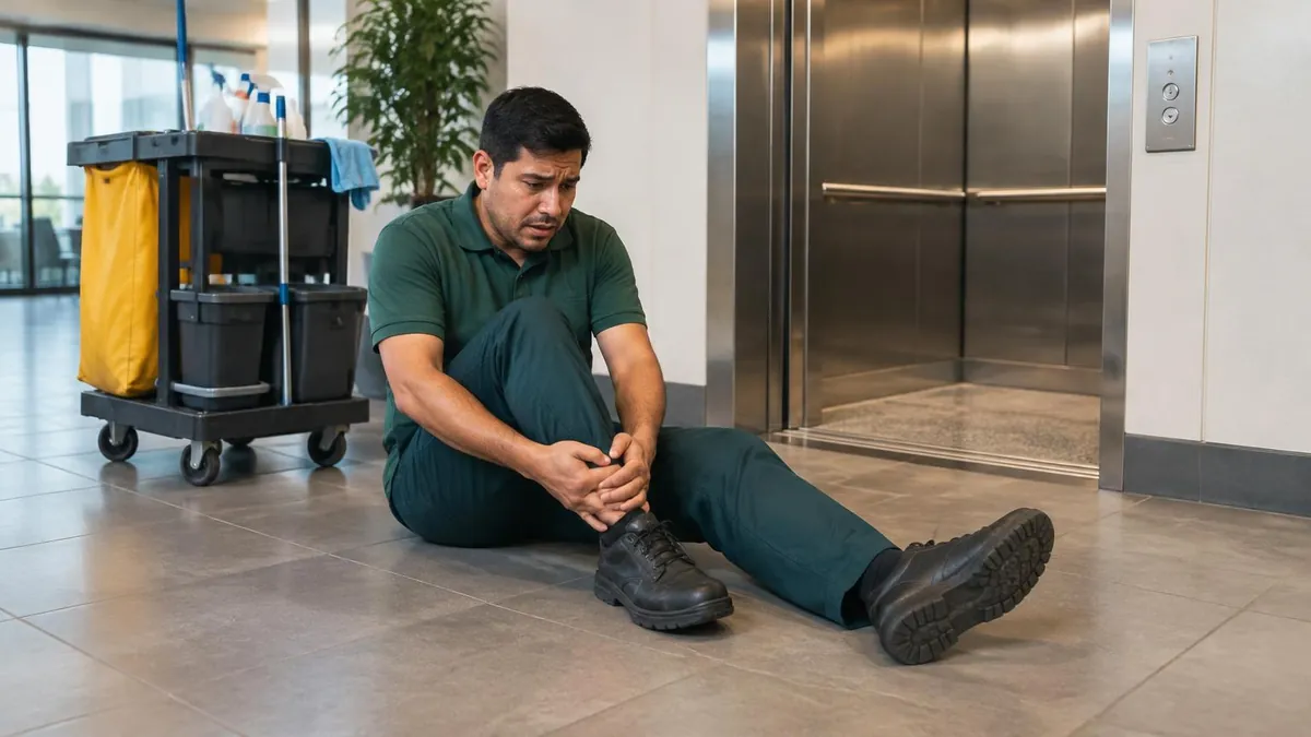 Trabajador latino de limpieza sentado sujetándose el tobillo junto a un elevador abierto y su carrito en California Trabajador latino de limpieza sentado sujetándose el tobillo junto a un elevador abierto y su carrito en California
