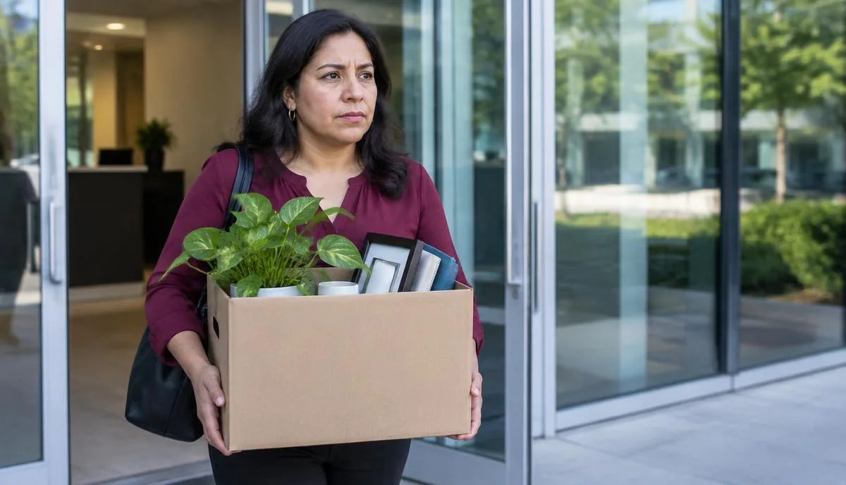 Empleada latina preocupada saliendo de una oficina con una caja de pertenencias y una planta Empleada latina preocupada saliendo de una oficina con una caja de pertenencias y una planta