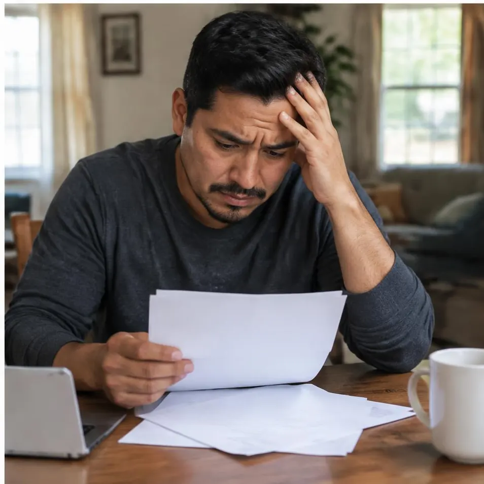 Trabajador latino preocupado revisando papeles en casa en California
