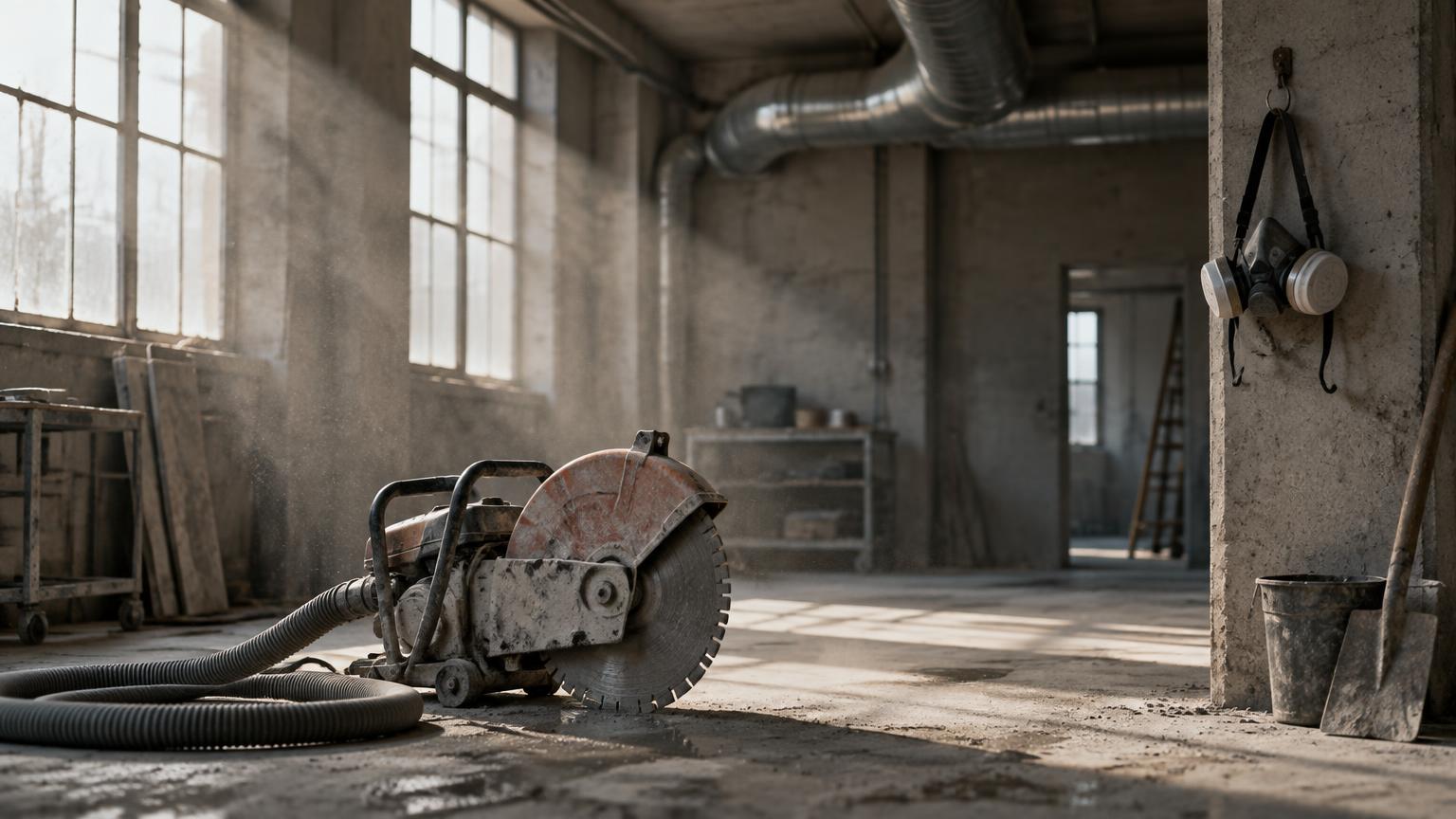 Taller industrial vacío con polvo fino flotando en la luz, una sierra de concreto en el piso y una mascarilla colgada en la pared