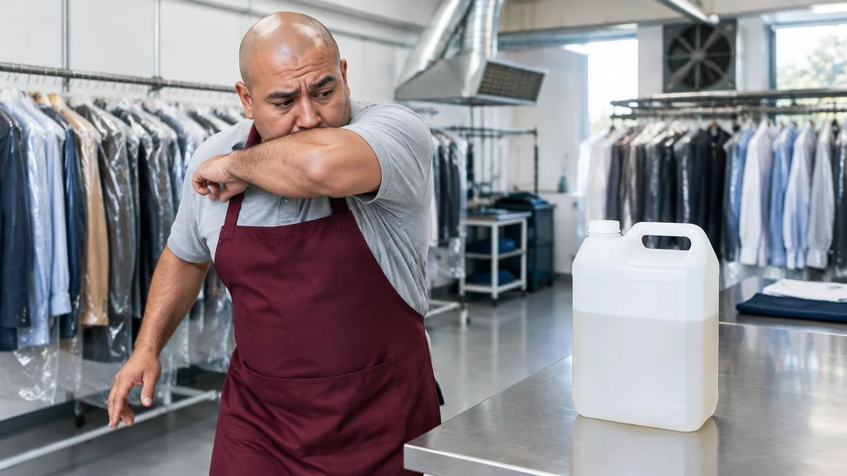 Trabajador latino de cabeza rapada y delantal vino tosiendo junto a un recipiente sin marca en una tintorería