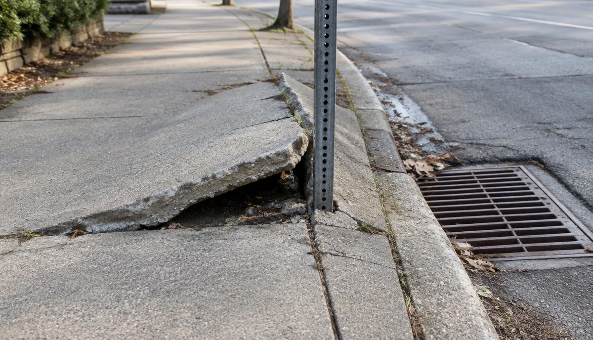 Banqueta de concreto levantada y agrietada junto a un poste de señal y una alcantarilla, en una calle urbana por la mañana
