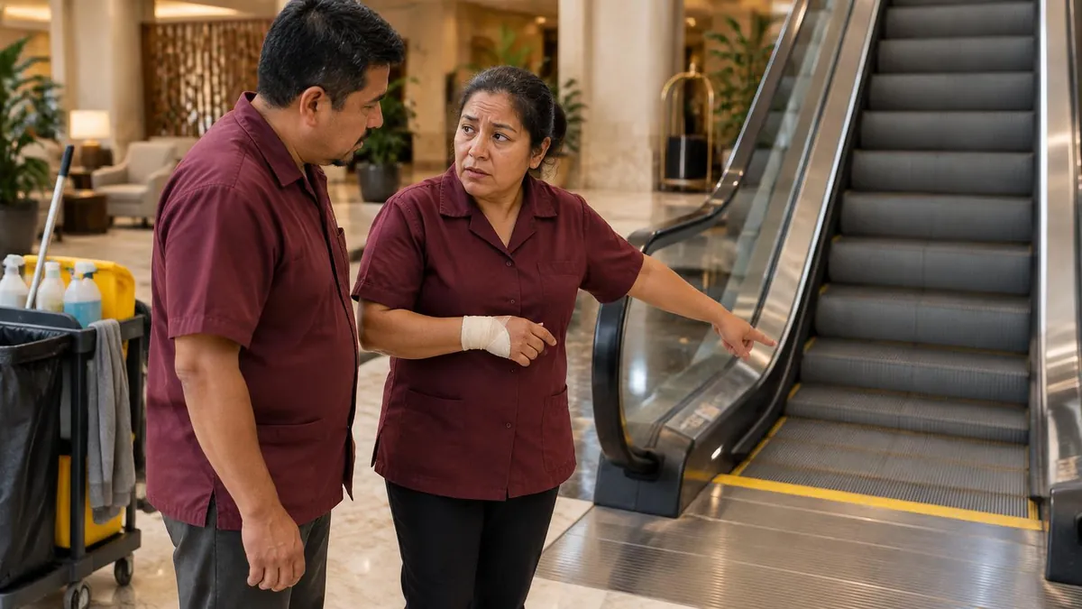 Camarista latina con muñeca vendada señala una escalera eléctrica junto a un compañero en un hotel de California Camarista latina con muñeca vendada señala una escalera eléctrica junto a un compañero en un hotel de California