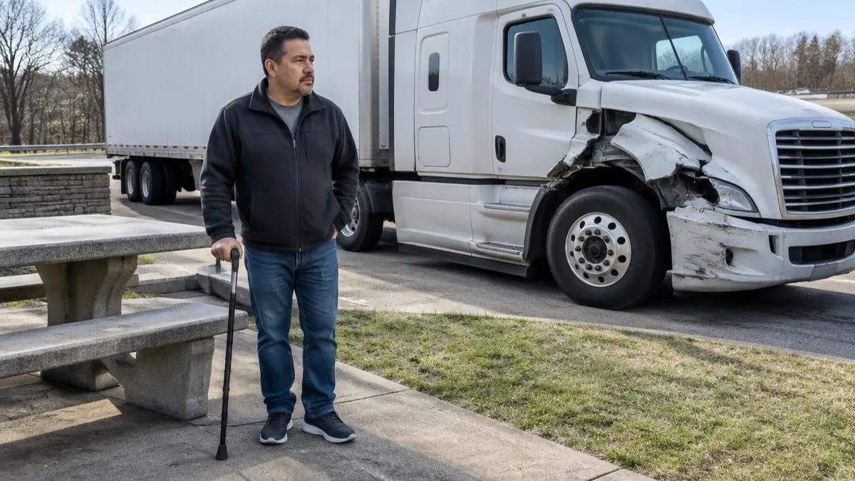 Hombre latino con bastón cerca de una mesa de descanso y un camión con daño junto a la rueda delantera