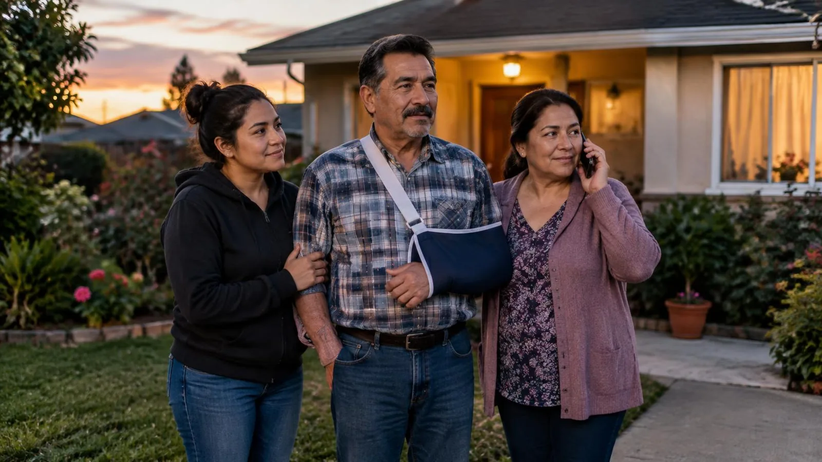 Familia latina frente a su casa al atardecer, con el padre en cabestrillo, la madre al teléfono y su hija adulta a su lado Familia latina frente a su casa al atardecer, con el padre en cabestrillo, la madre al teléfono y su hija adulta a su lado
