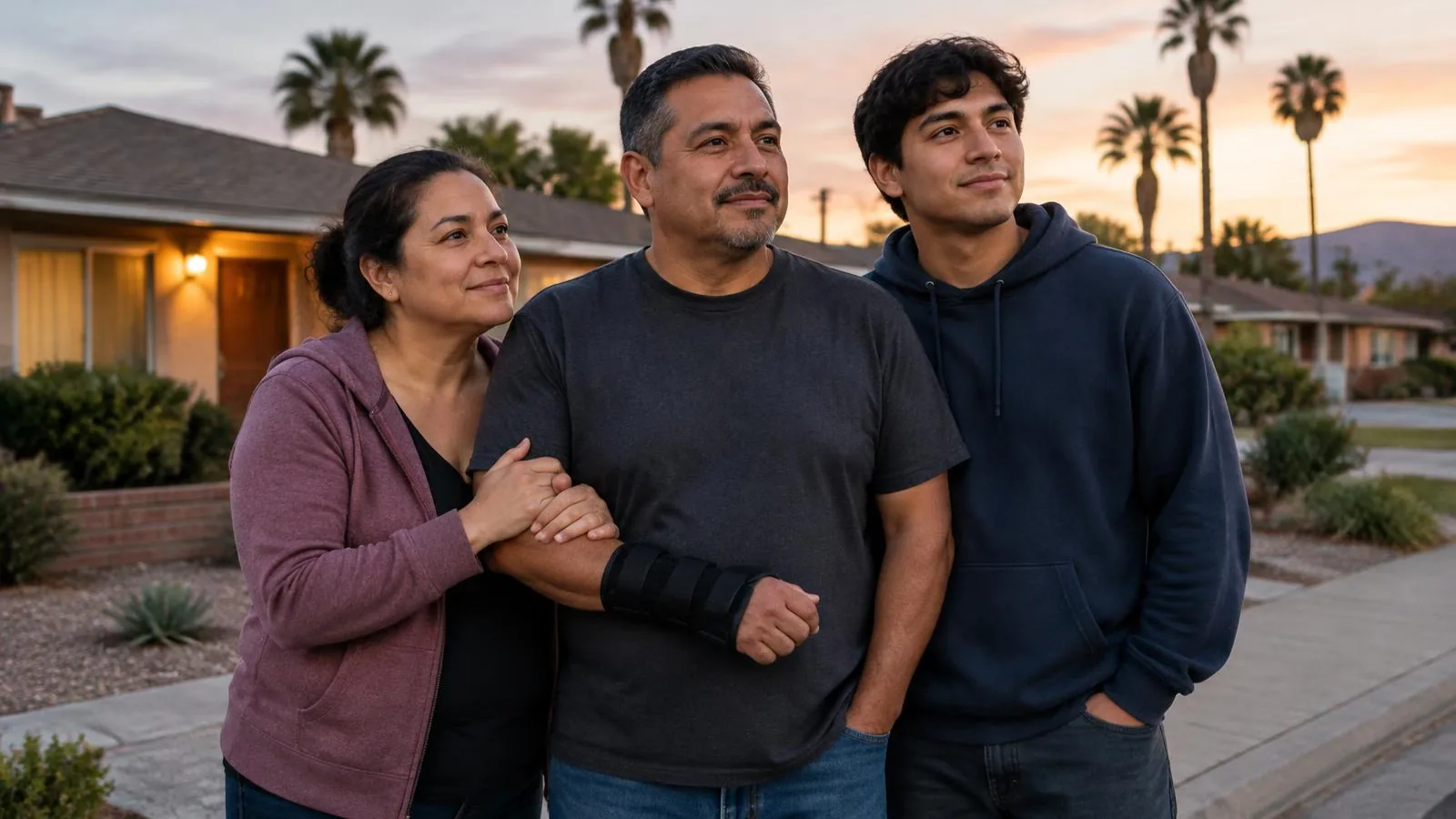 Familia latina frente a casas y palmeras al atardecer, con el padre usando una férula negra en la muñeca Familia latina frente a casas y palmeras al atardecer, con el padre usando una férula negra en la muñeca