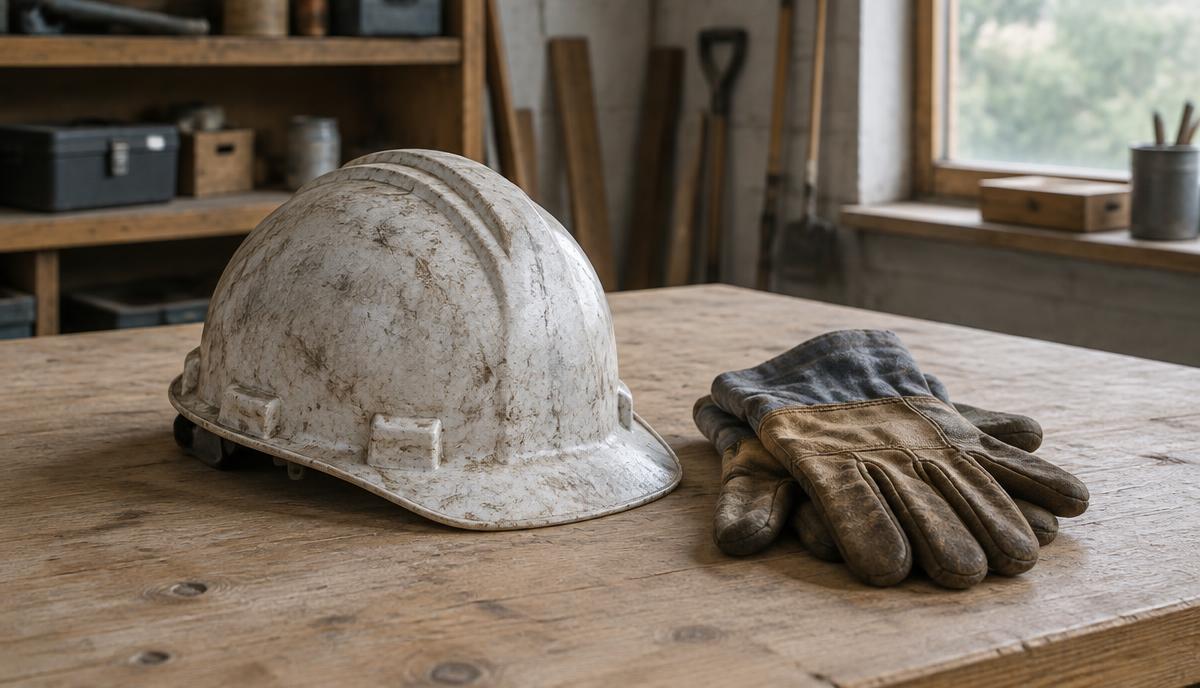 Casco de trabajo usado y guantes de trabajo sobre una mesa de madera en un taller vacío