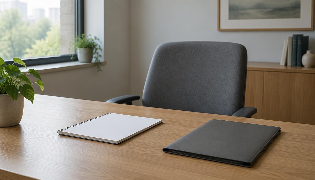 Escritorio de oficina vacío con una silla, una libreta en blanco y una carpeta cerrada