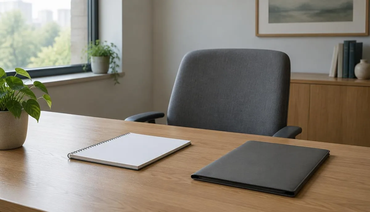 Escritorio de oficina vacío con una silla, una libreta en blanco y una carpeta cerrada