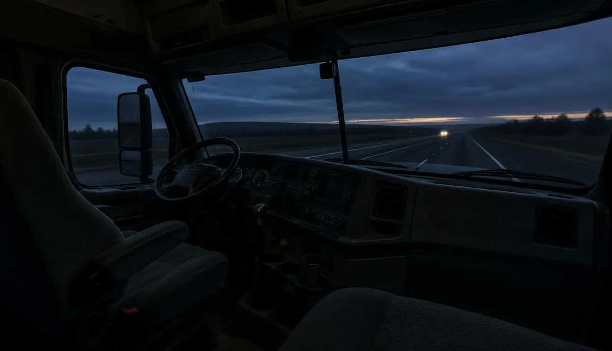 Cabina vacía de un camión de carga vista desde el asiento del pasajero de madrugada, con la carretera oscura al frente