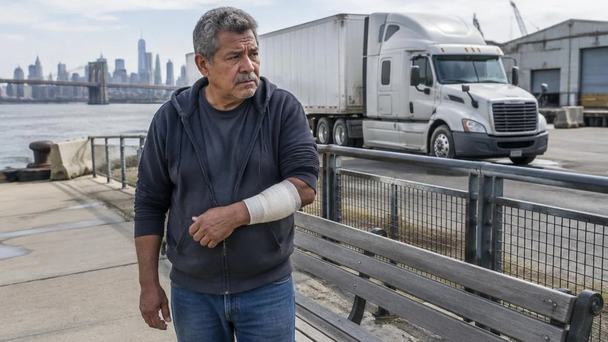 Conductor latino con antebrazo vendado junto a una banca y un camión estacionado frente al agua