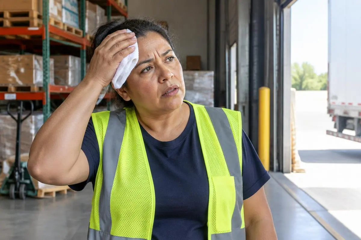 Golpe de calor en el trabajo: trabajadora latina acalorada junto a un área de carga en California