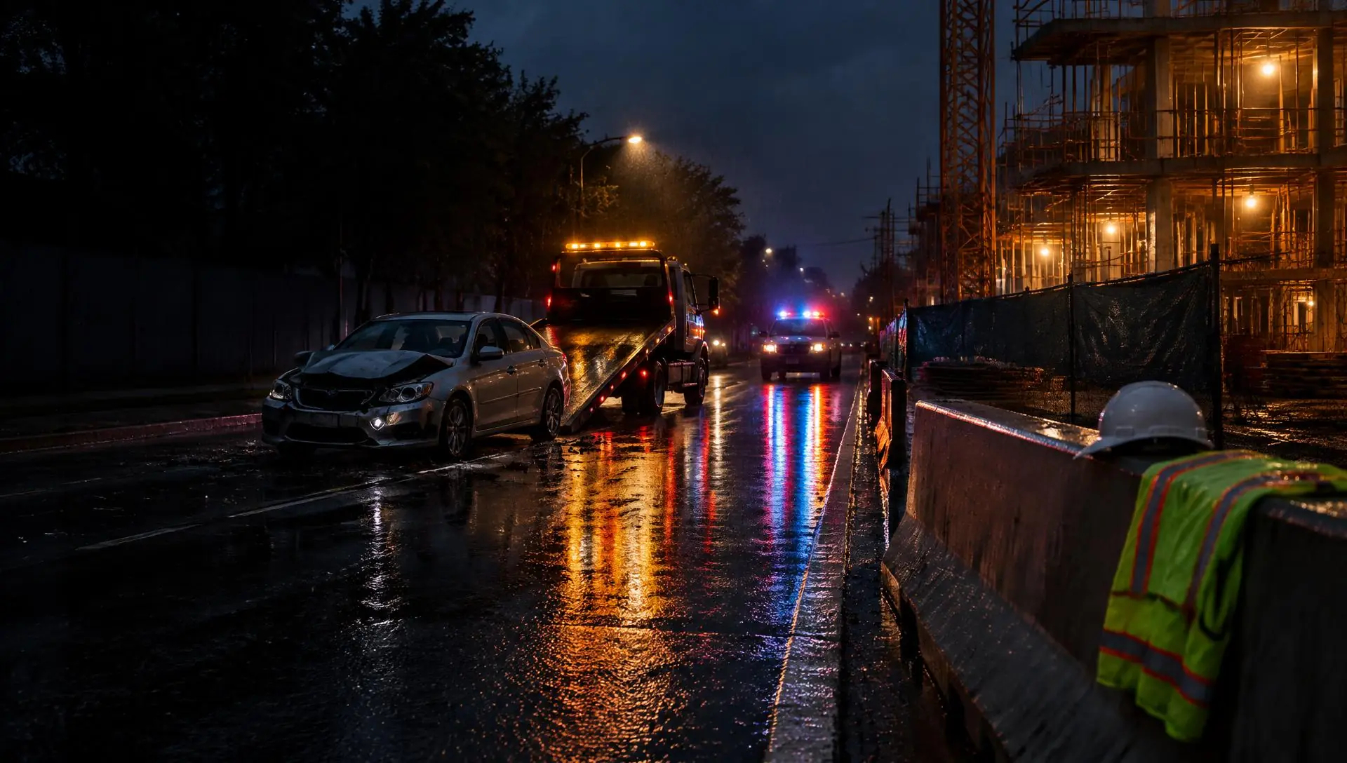 Calle de noche bajo la lluvia con un auto chocado y una grúa, y al fondo una obra en construcción con casco y chaleco de seguridad