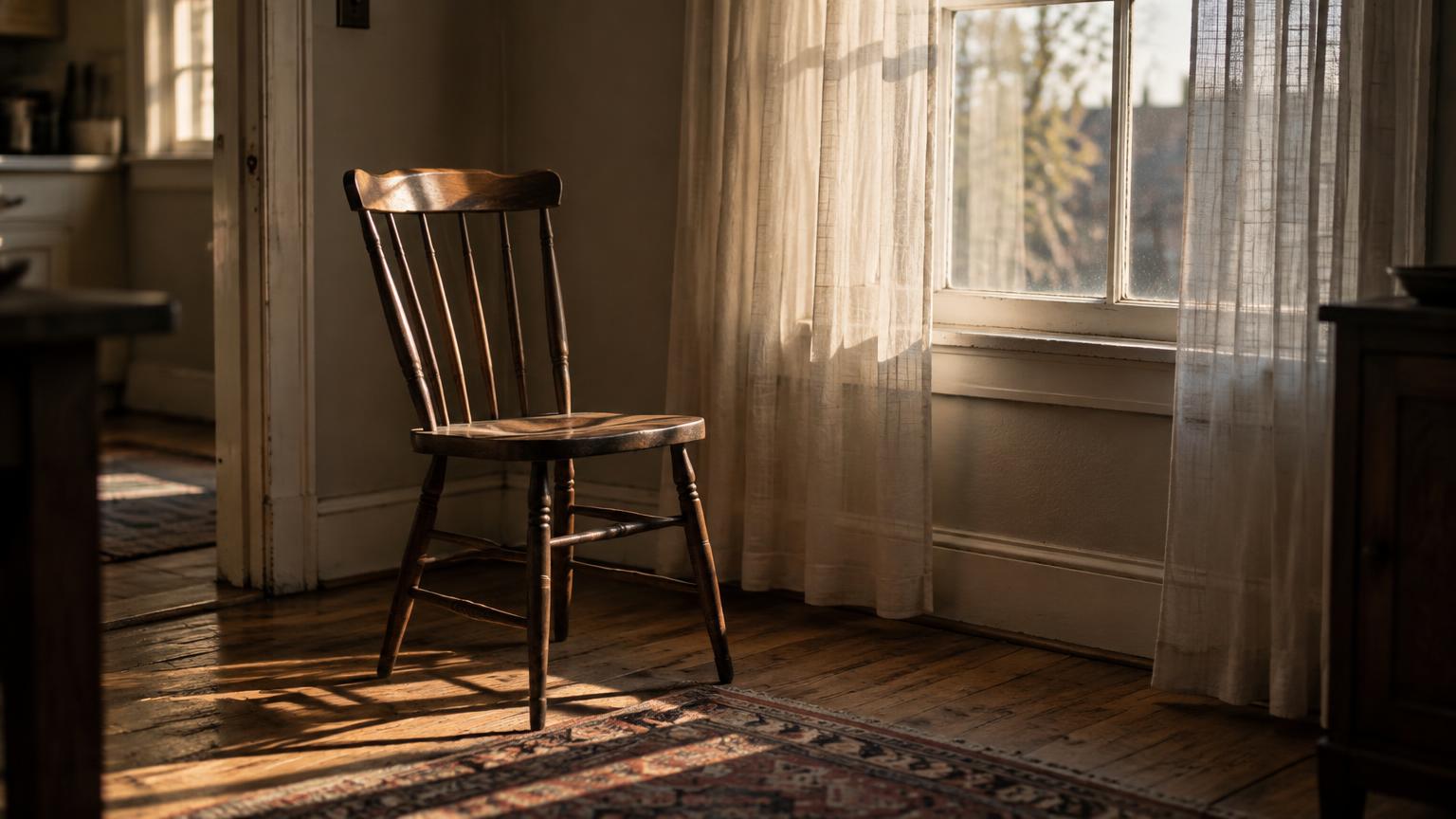 Silla de madera vacía junto a una ventana en el interior de una casa, con luz cálida de la tarde entrando por una cortina delgada.
