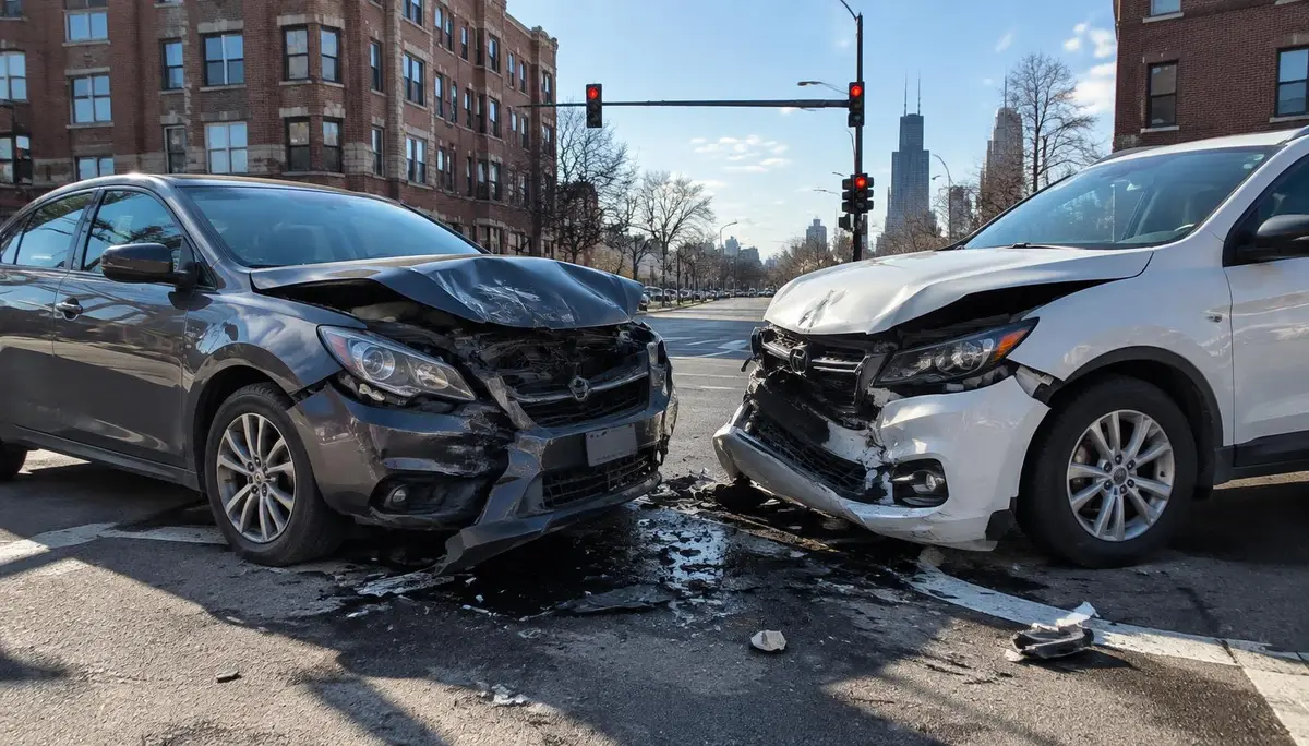 Dos autos chocados de frente en un cruce de calles del área de Chicago, con pedazos de plástico y vidrio en el pavimento