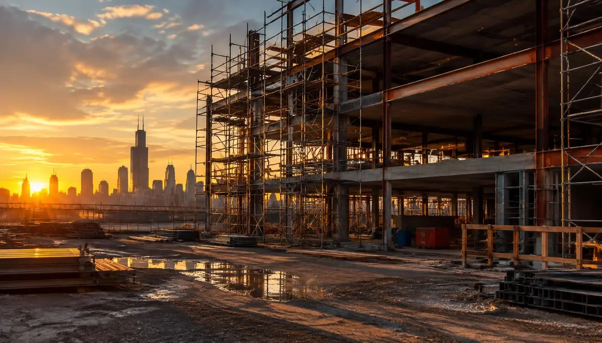 Una obra de construcción vacía en el área de Chicago al final del día, con andamios y la estructura de un edificio sin terminar