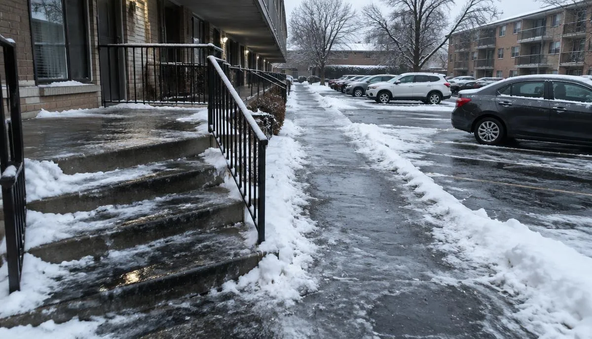 Escalones y banqueta con hielo y nieve frente a un edificio de apartamentos junto a un estacionamiento en invierno