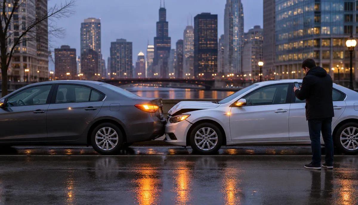 Una persona toma fotos con su teléfono de dos carros chocados junto a la banqueta en una calle mojada de Chicago al atardecer