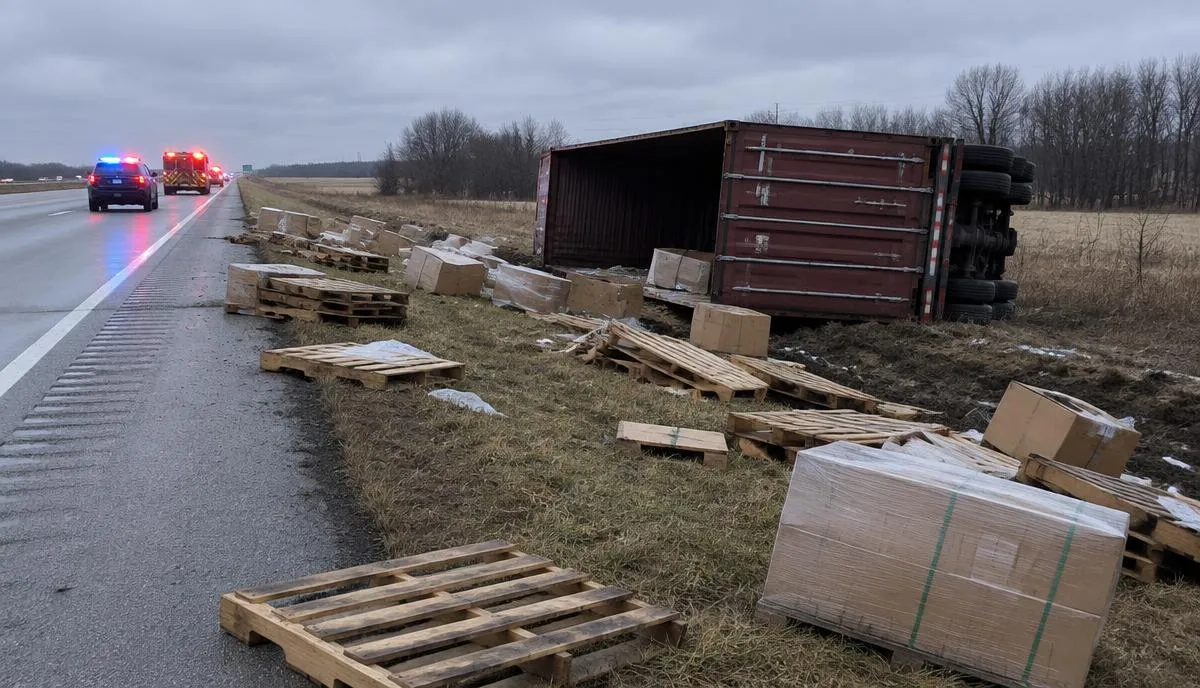 Un contenedor volcado y tarimas con cajas regadas en el acotamiento de una carretera de Illinois, con luces de emergencia al fondo