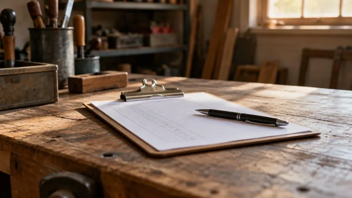 Una tabla con un formulario en blanco y una pluma sobre un banco de trabajo gastado, con luz cálida de lado