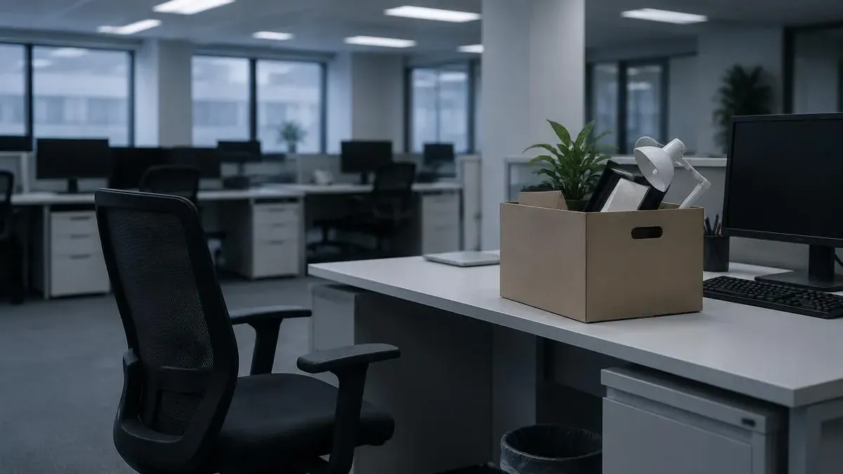 Un escritorio vacío de oficina con la silla hacia atrás y una caja de cartón encima, con luz fría