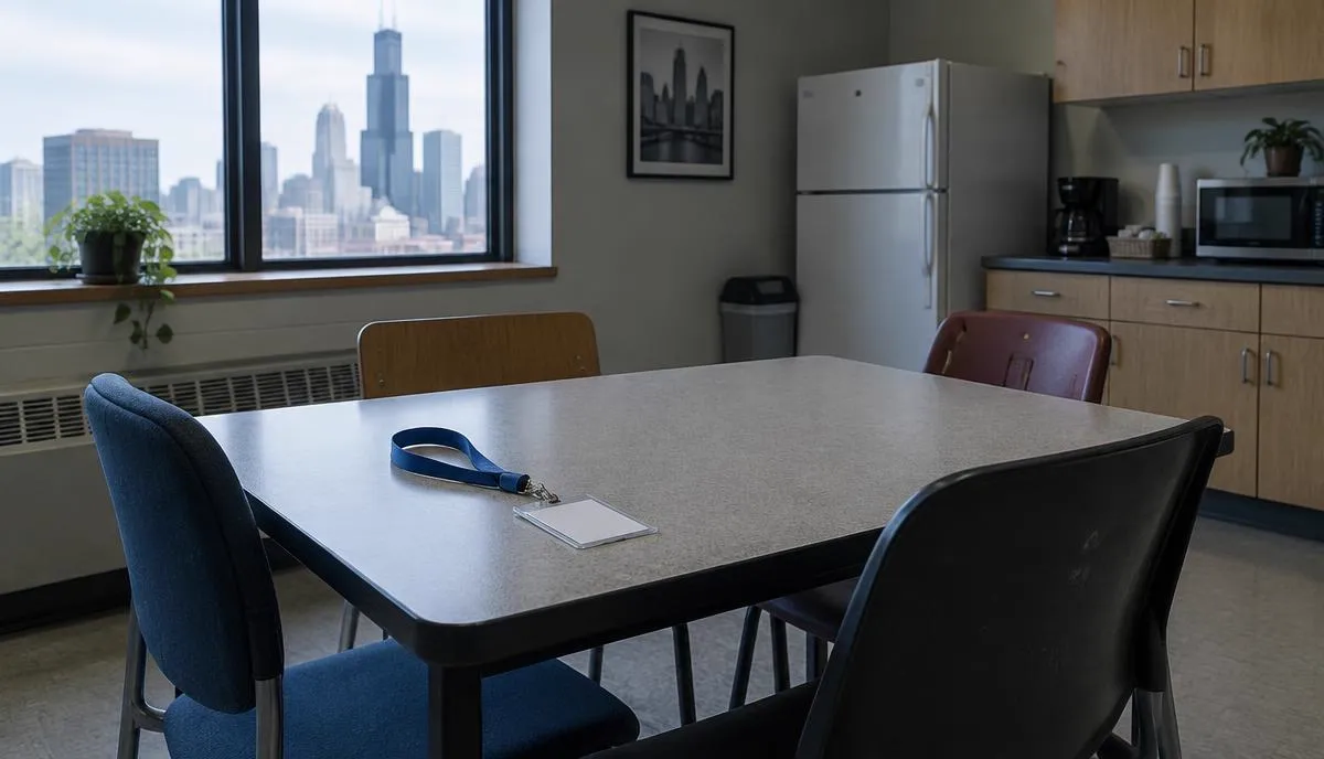 Una sala de descanso vacía en una oficina de Chicago con sillas alrededor de una mesa y un gafete en blanco sobre ella
