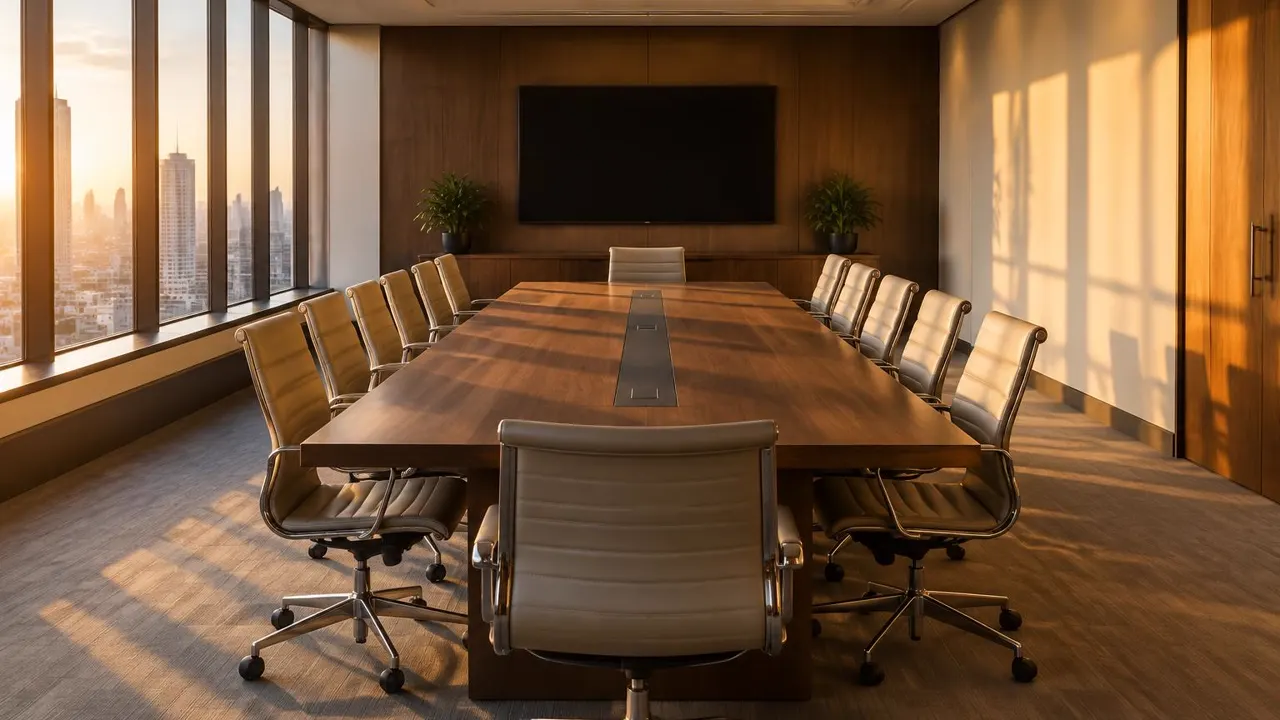 Una sala de juntas vacía con las sillas acomodadas junto a la mesa y luz de la tarde