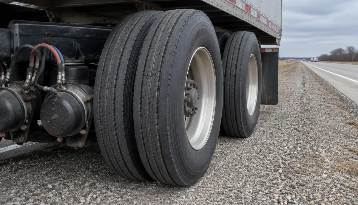 Llantas traseras y frenos de un tráiler estacionado en el acotamiento de una carretera de Illinois en un día nublado