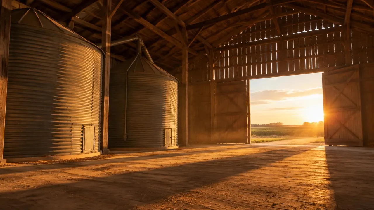 El interior vacío de un granero con silos de grano y luz dorada de la tarde que entra por la puerta