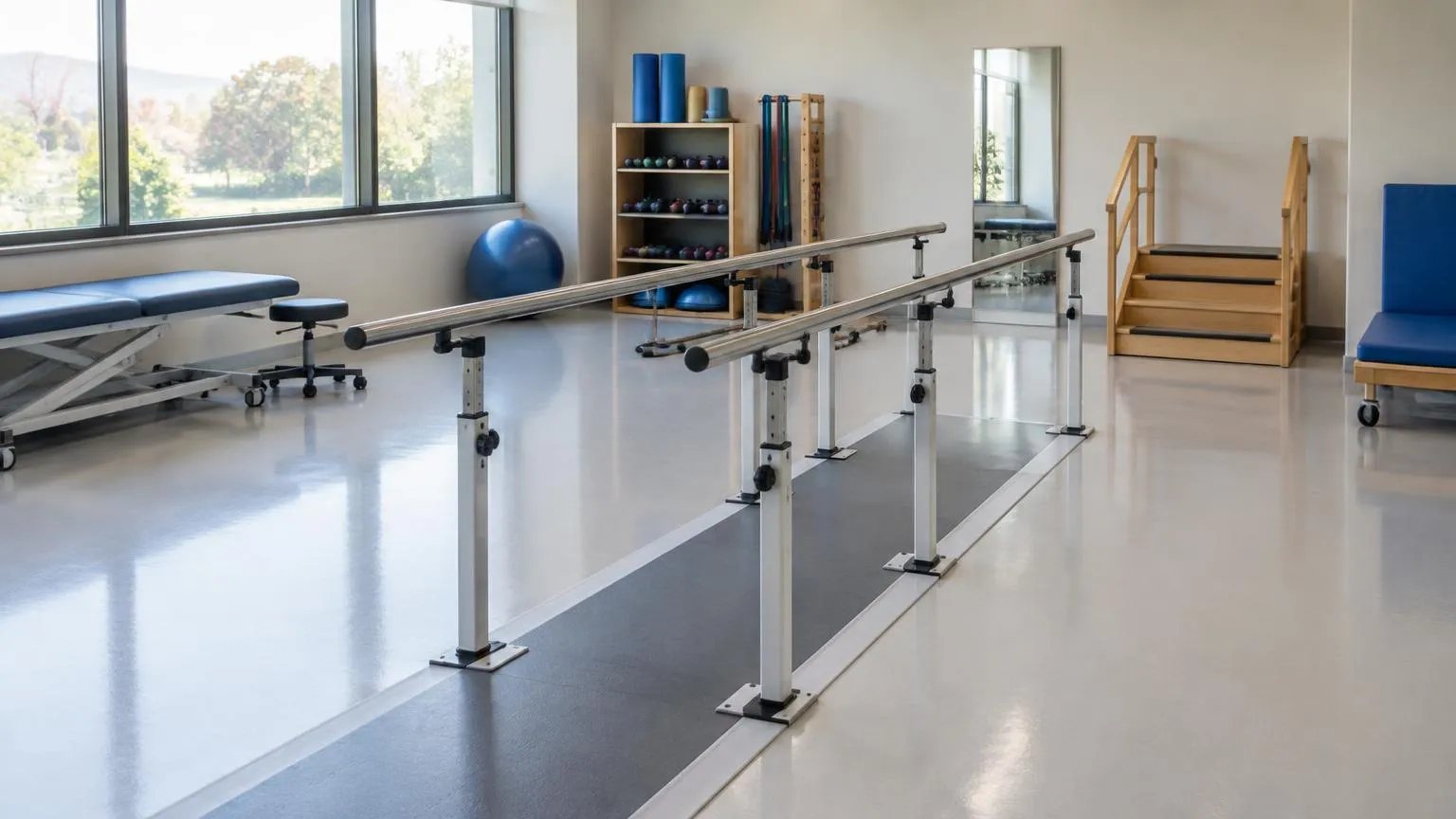 Sala de rehabilitación de hospital vacía con barras paralelas y luz suave de ventana