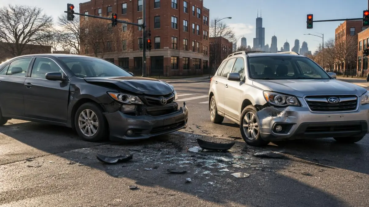 Dos carros chocados en una esquina de Chicago con pedazos de plástico y vidrio en la calle