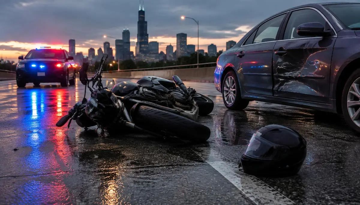 Una motocicleta tirada en el pavimento mojado del área de Chicago al atardecer, con un casco en el suelo y un auto con la puerta abollada