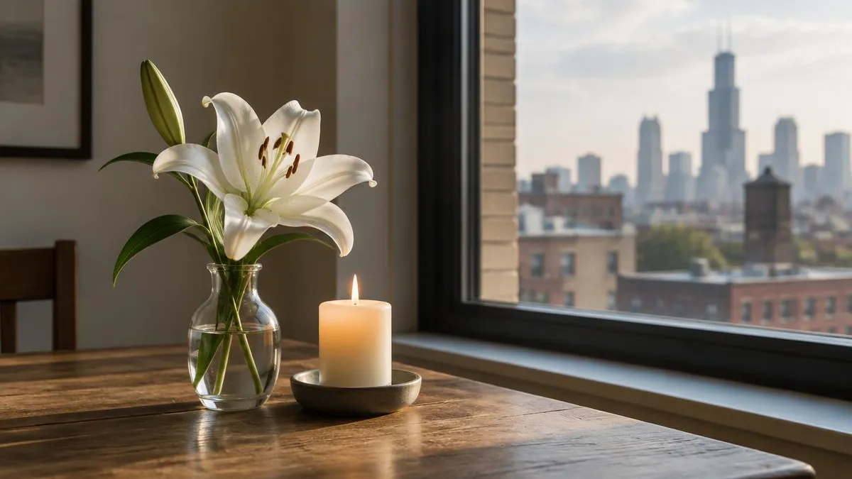 Un lirio blanco y una vela encendida sobre una mesa de madera junto a una ventana con luz suave de la mañana